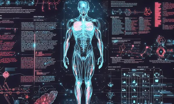 A futuristic infographic illustrating the human body and its biological systems.