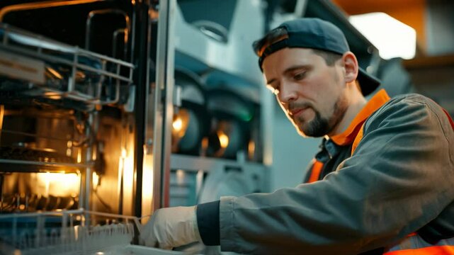 A skilled technician diligently works on a malfunctioning dishwasher in a bustling kitchen, showcasing expertise and attention to detail during evening service hours.