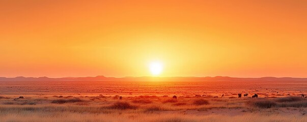 Obraz premium Stunning sunset over vast desert horizon, vibrant orange sky and serene atmosphere.