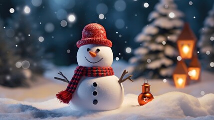 Smiling snowman in snow