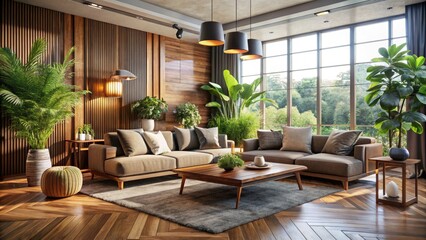 Naklejka premium Modern Luxury Living Room with Wooden Furniture and Plants - Stylish Interior Design