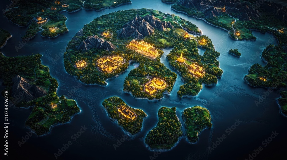 Poster aerial view of a mystical island landscape with illuminated structures and lush greenery.