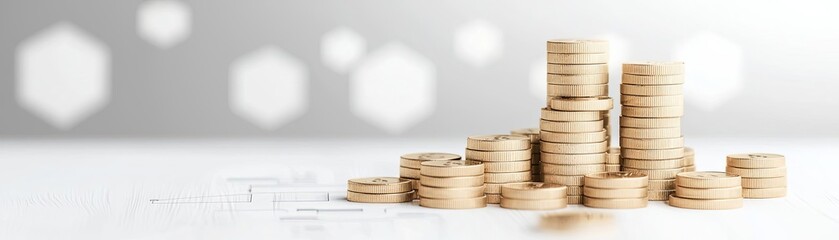 Stacks of coins on a white surface with blurred background for finance concept.