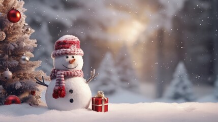 Fototapeta premium Smiling snowman with gift