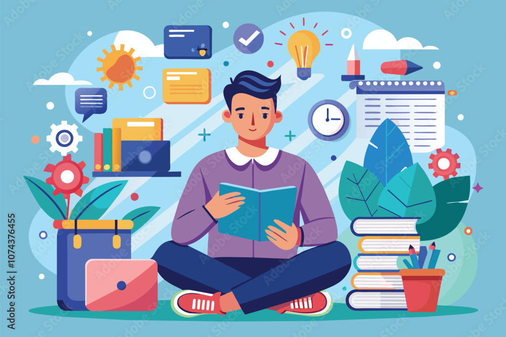 Aufkleber a man sits cross-legged, engaged in reading a book while navigating through digital content around h