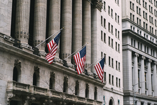 Display of U.S. flags is prominently shown on a notable financial building