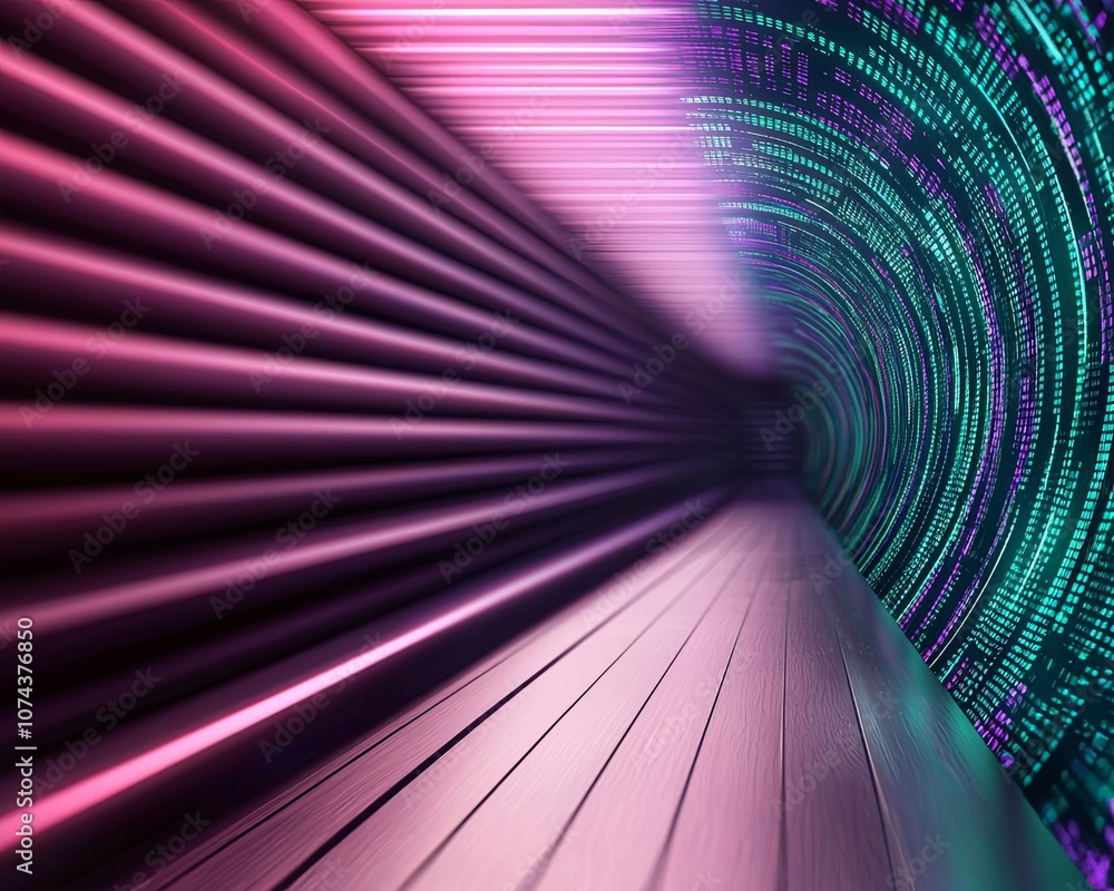Aufkleber abstract tunnel with vibrant lights and digital patterns on a smooth surface.