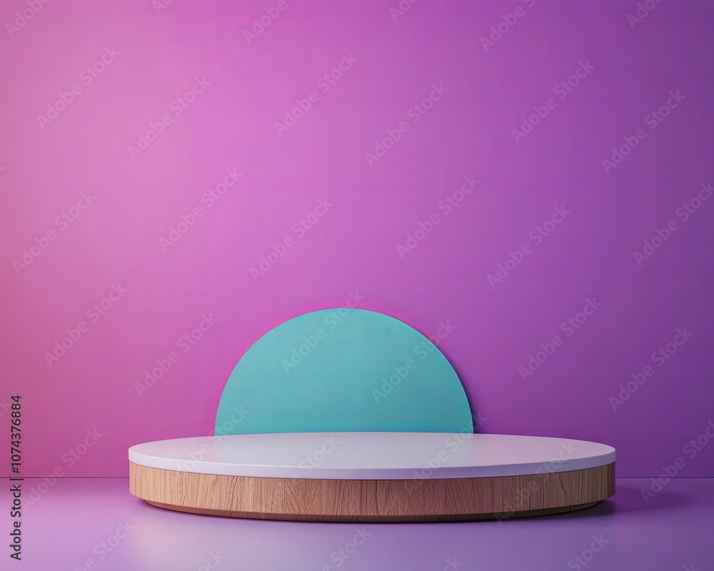 Aufkleber modern showcase with colorful backdrop and circular platform.