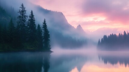 Fototapeta premium Foggy sunrise over lake creating mystical serene morning landscape. Nature