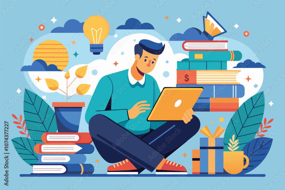Poster a thoughtful man uses a tablet to read while sitting among stacks of books and a warm atmosphere, ma