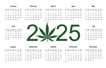Marijuana calendar for 2025. Medical Cannabis. Simple Vector Template. Isolated vector illustration on white background.