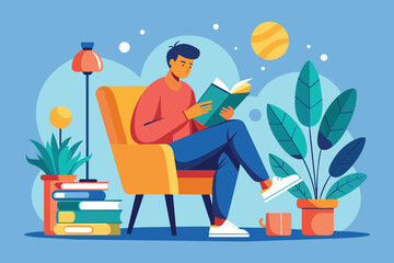A man sits comfortably in a chair, reading a book with plants and a warm lamp nearby, creating a peaceful atmosphere, Man reading book while sitting on chair, flat illustration