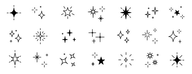 Twinkle star vector glitter bright magic light icon. Star twinkle glitter spark outline shine icon set. Hand drawn sketch doodle style. Magic light pictogram vector illustration.