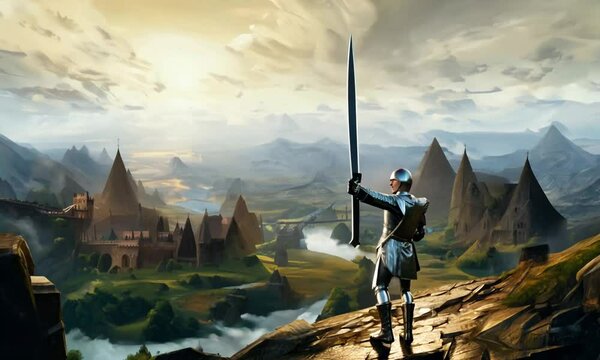 Knight in shining armor, raising a sword. War scene. Generative AI