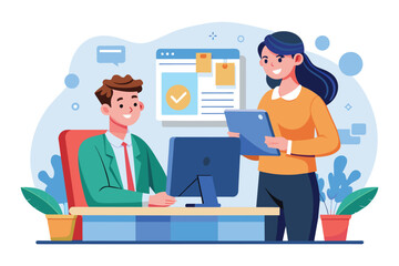 Obraz premium A man attentively processes client orders on his computer while a woman hands him a document, Man receiving client orders on computer, illustrated flat style.