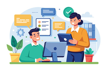 A man is focused on his computer as a woman provides him with client orders using a tablet in a modern office, Man receiving client orders on computer, illustrated flat style.