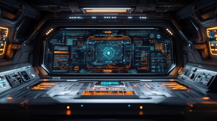 Obraz premium Futuristic control room with advanced digital interface and screens.