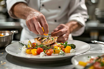 Chef Preparing a Dish in a High-End Kitchen, Close-Up Hands. AI generative
