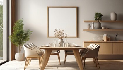 A modern dining area featuring a round wooden table surrounded by elegant chairs, complemented by natural light and minimalist decor.