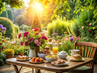 Fototapeta premium Morning Bliss at an Outdoor Cafe: Breakfast Delights and Scenic Views