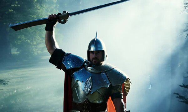 Knight in shining armor, raising a sword. War scene. Generative AI