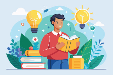 A man happily explores a book, surrounded by vibrant plants and glowing light bulbs representing ideas, Man searching for idea in book, flat illustration.