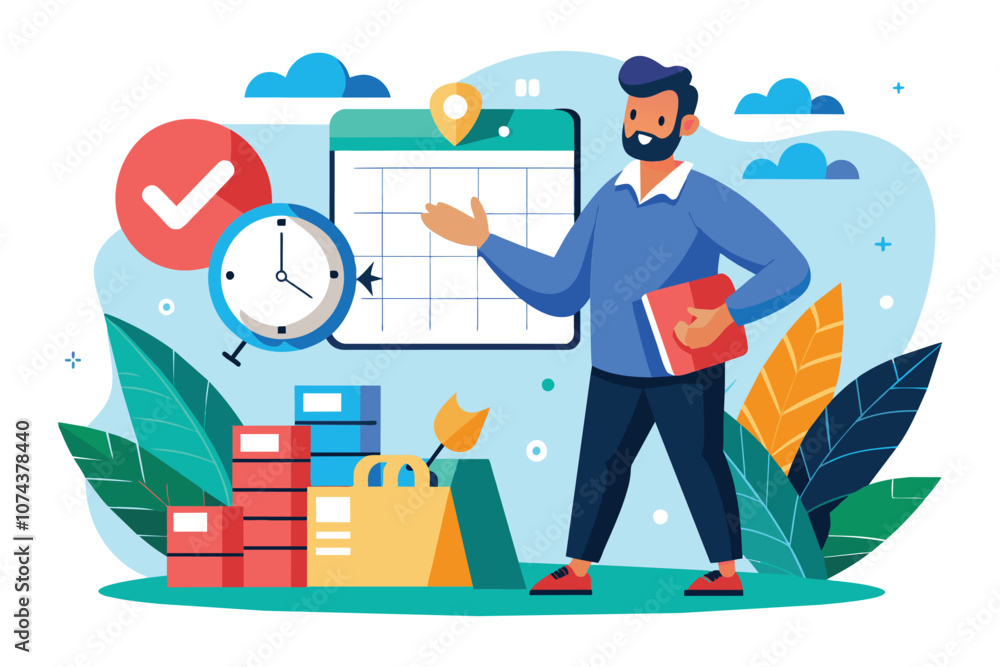 Poster a man prepares to set a reminder for an important task, surrounded by a calendar and a clock in a wo