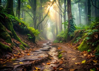 Obraz premium Muddy Path Through a Cloudy Forest - Low Light Photography for Nature Lovers