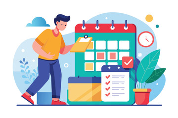A man plans ahead by setting a reminder on a vibrant calendar while referencing a checklist, Man sets reminder for something important.