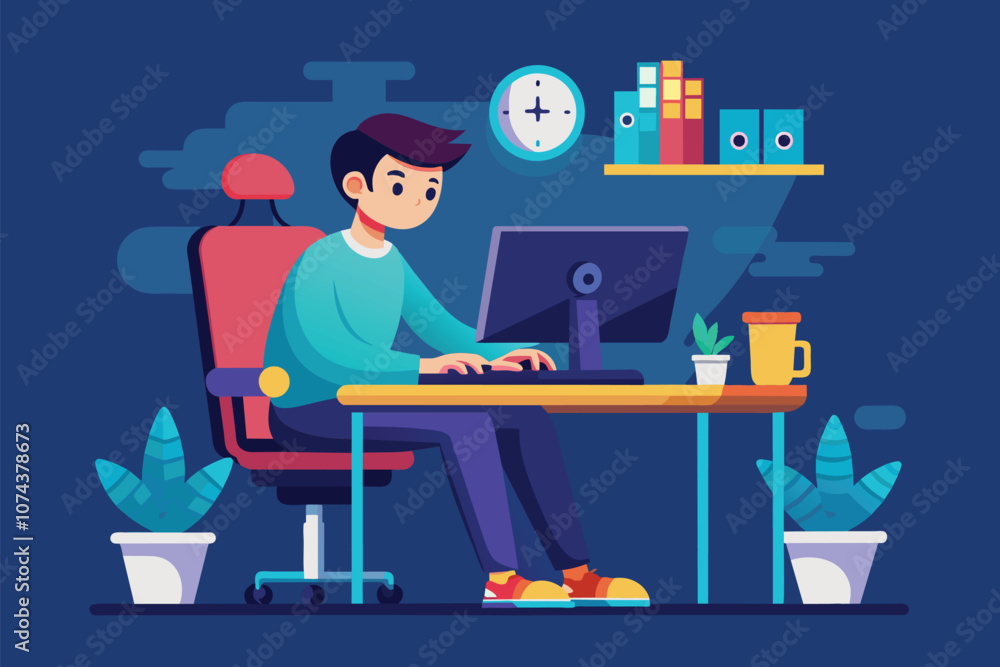 Poster a man focuses intently on his computer screen while gaming in a comfortable workspace at night, man 