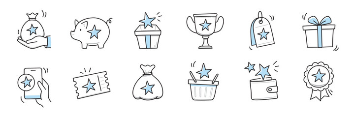 Reward bonus gift icon set. Benefit reward bonus loyalty prize hand drawn sketch line pen stroke style icon. Benefit gift coupon, loyalty card sketch doodle drawn collection. Vector illustration