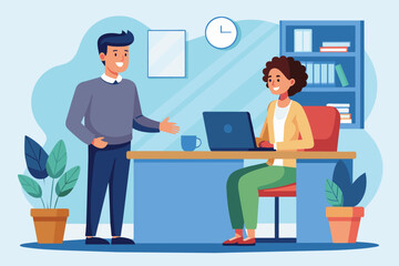 Obraz premium A man is speaking with a receptionist who is working at a desk with a laptop in an office setting, Man speaking to receptionist at desk with laptop and flat illustration.