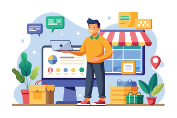 A man showcases his innovative ideas while working at a digital workspace for his online store, Man standing and innovating for her online store, managing online marketplace, flat illustration.