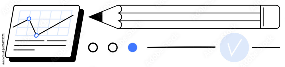 Poster graph with line plot and data points, large pencil, toggle buttons, progress line, blue checkmark. i