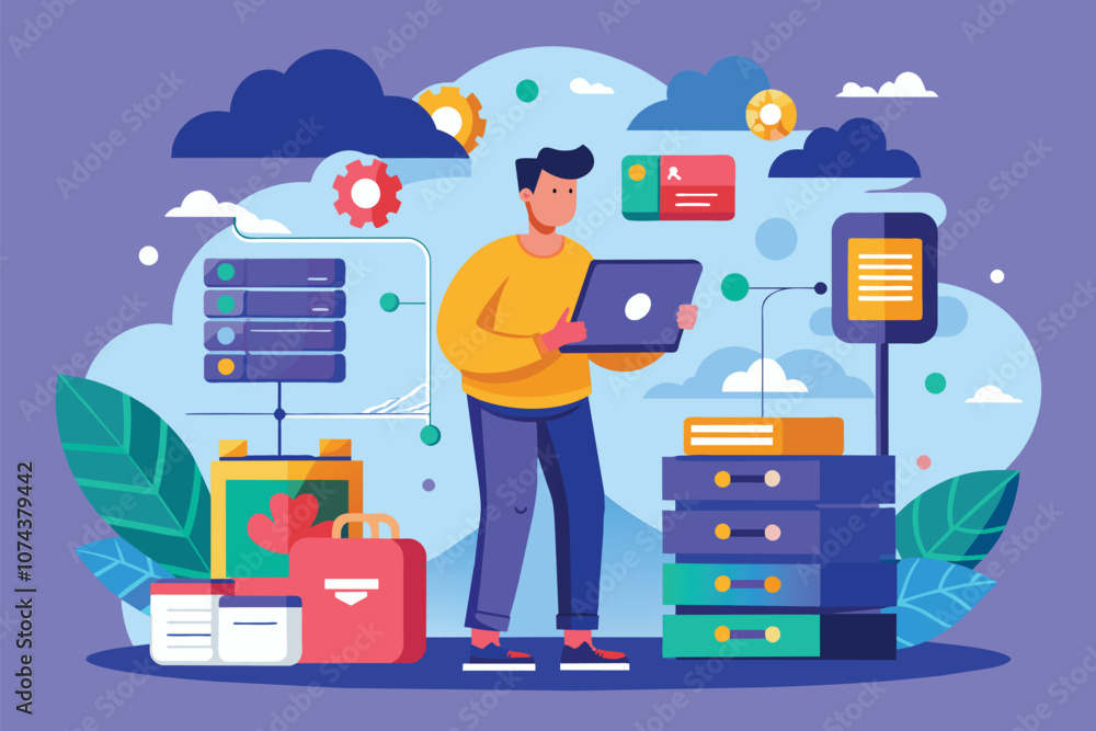 Poster a man is using a laptop to organize and store data in the cloud while surrounded by digital elements