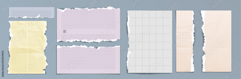 Poster torn notebook paper pieces with grid lines and square of pastel colors - yellow and purple, grey and