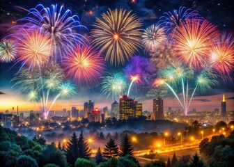 Fototapeta premium New Year's Fireworks Spectacle at Night - Captivating Low Light Photography