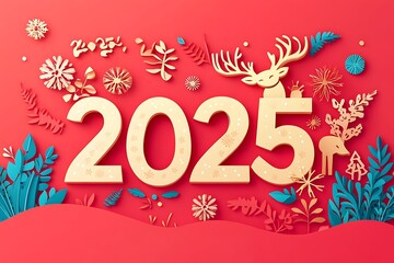 Naklejka premium New Year reindeer Christmas background with holiday elements