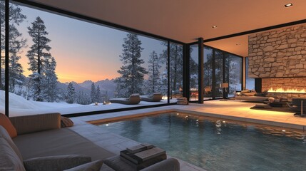 Obraz premium Modern cabin interior with a pool and mountain view at sunset.