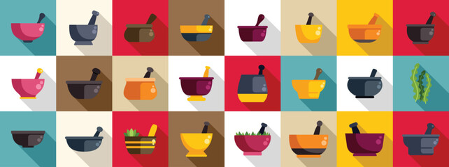 Grass mortar icons set. Flat design icons of mortar and pestle, used for grinding herbs, spices, and other ingredients, in a variety of colors and styles