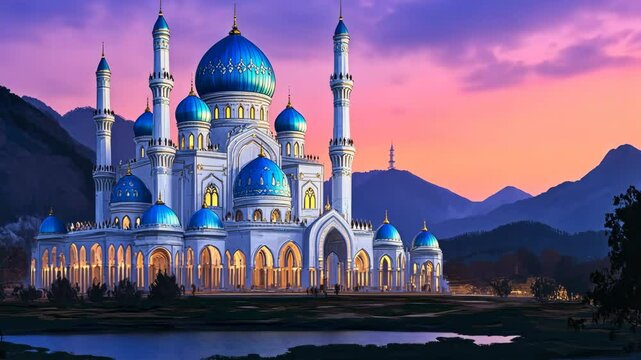 A white mosque with blue domes stands against a colorful sunset sky in the mountains