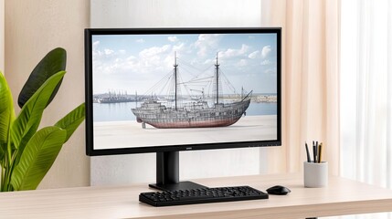 Fototapeta premium Computer monitor with a detailed ship blueprint, clean desk layout, minimalistic style, large window showcasing a harbor, soft natural lighting, perfect symmetry