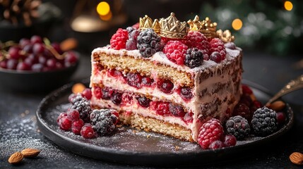 Festive cake slice with hidden king piece, almond and fruit garnish