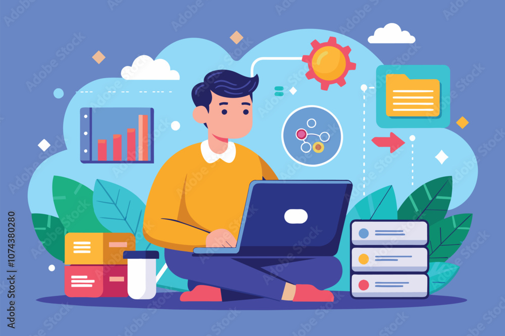 Poster a man is syncing big data on a laptop in a vibrant workspace filled with graphs and data visuals, ma