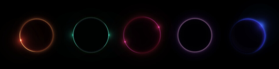 Moon or solar eclipse circles set isolated on black background. Vector realistic illustration of neon color round frames glowing and shining in dark space, planet edge lines, magic game ui borders