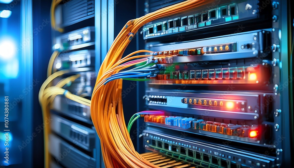 Poster a close-up of a server rack with glowing leds and colorful cables, showcasing a modern data center e