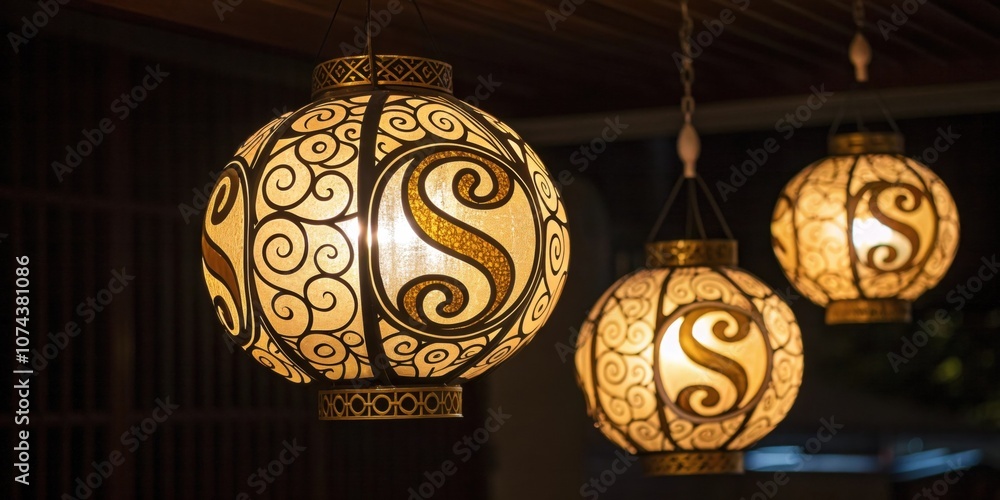 Poster golden s lanterns a series of hanging lanterns shaped like ss intricately designed with swirling pat