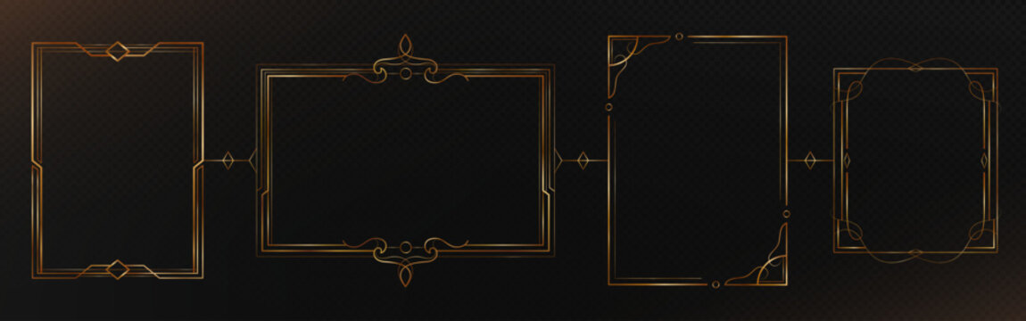 Elegant thin gold frames set. Geometric ornamental borders on black background. Luxury golden rectangular designs with delicate corner decoration, curved lines and floral motifs for invitations.
