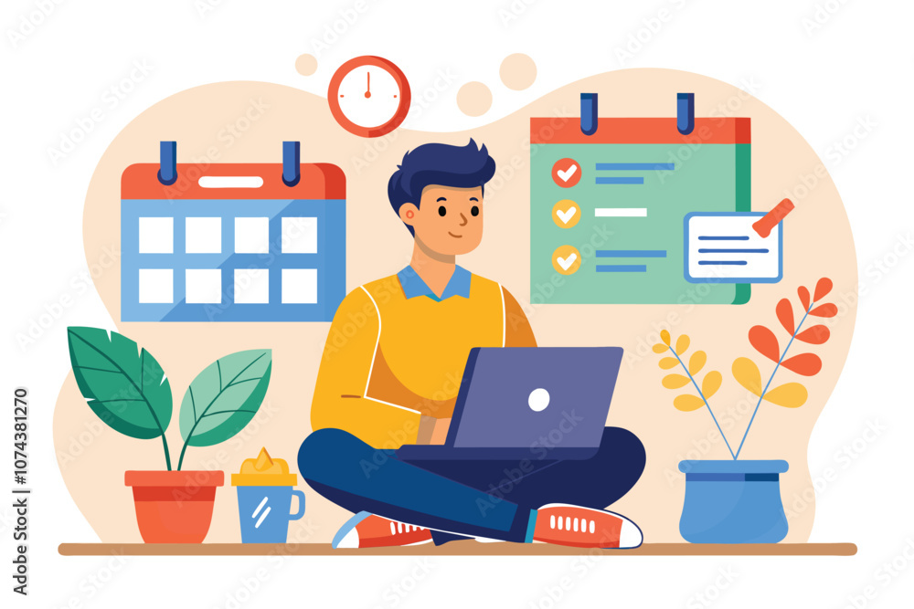 Poster a man sits cross-legged with a laptop, focused on planning tasks and checking a calendar in a relaxe