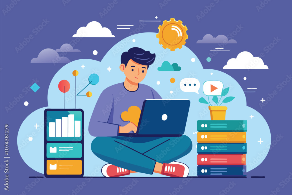 Poster a man works on a laptop to analyze big data in a vibrant cloud-themed setting filled with graphics, 